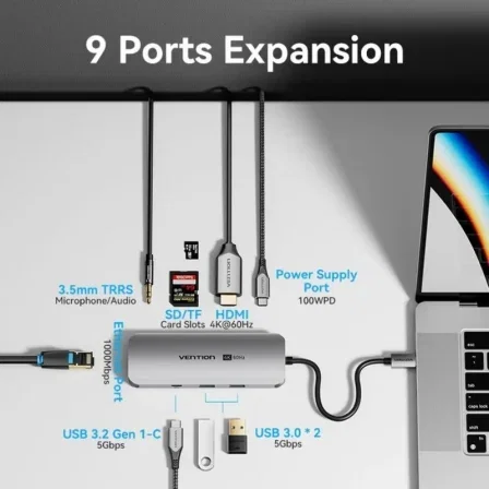 Vention Hub USB-C Multipuerto TQMHB 1xHDMI 4K 2xUSB-A 1xUSB-C 1xJack 3.5mm 1xRJ45 1xUSB-C PD 1xLector Tarjetas Gris